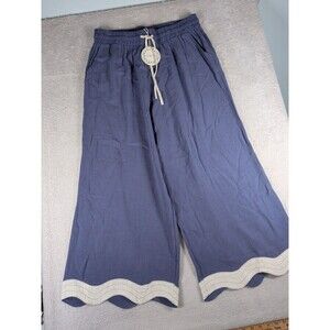Umgee Linen Blend Wide Leg Cropped Pants Women's XL Blue Boho New pockets
